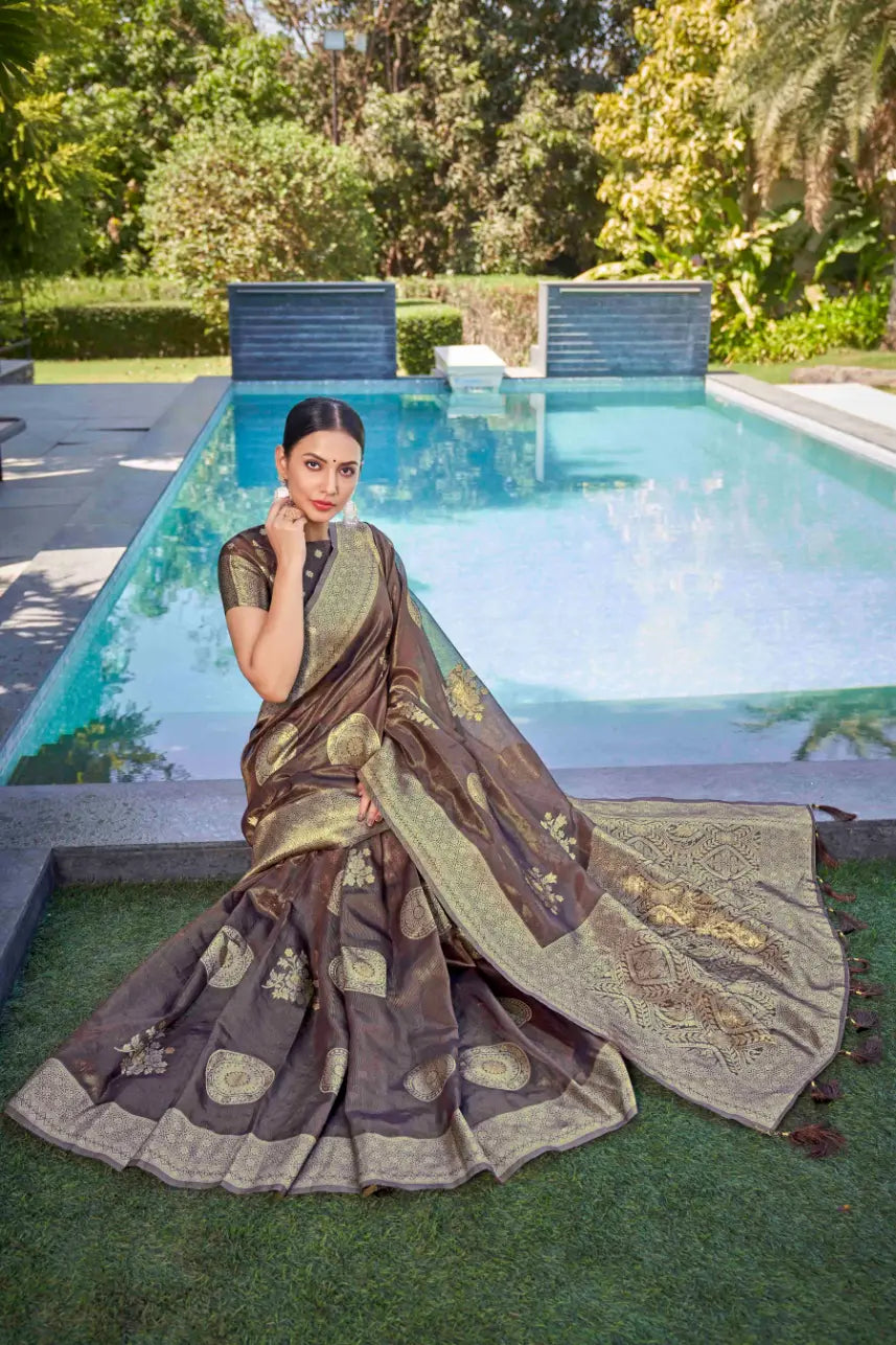 Coffee Shimmer Silk Woven Contemporary Wear Saree - Monjolika Fashion Coffee Shimmer Silk Woven Contemporary Wear Saree - Monjolika Fashion