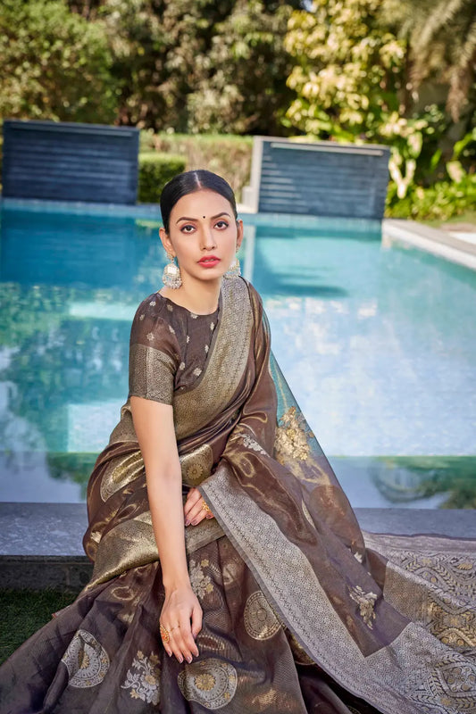 Coffee Shimmer Silk Woven Contemporary Wear Saree - Monjolika Fashion