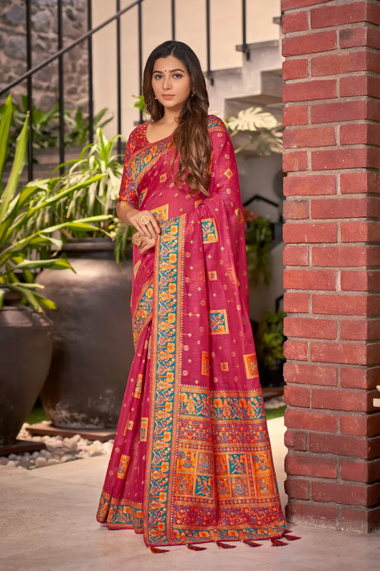 Bright Pink Cotton Festival Wear Ethnic Saree - Monjolika Fashion