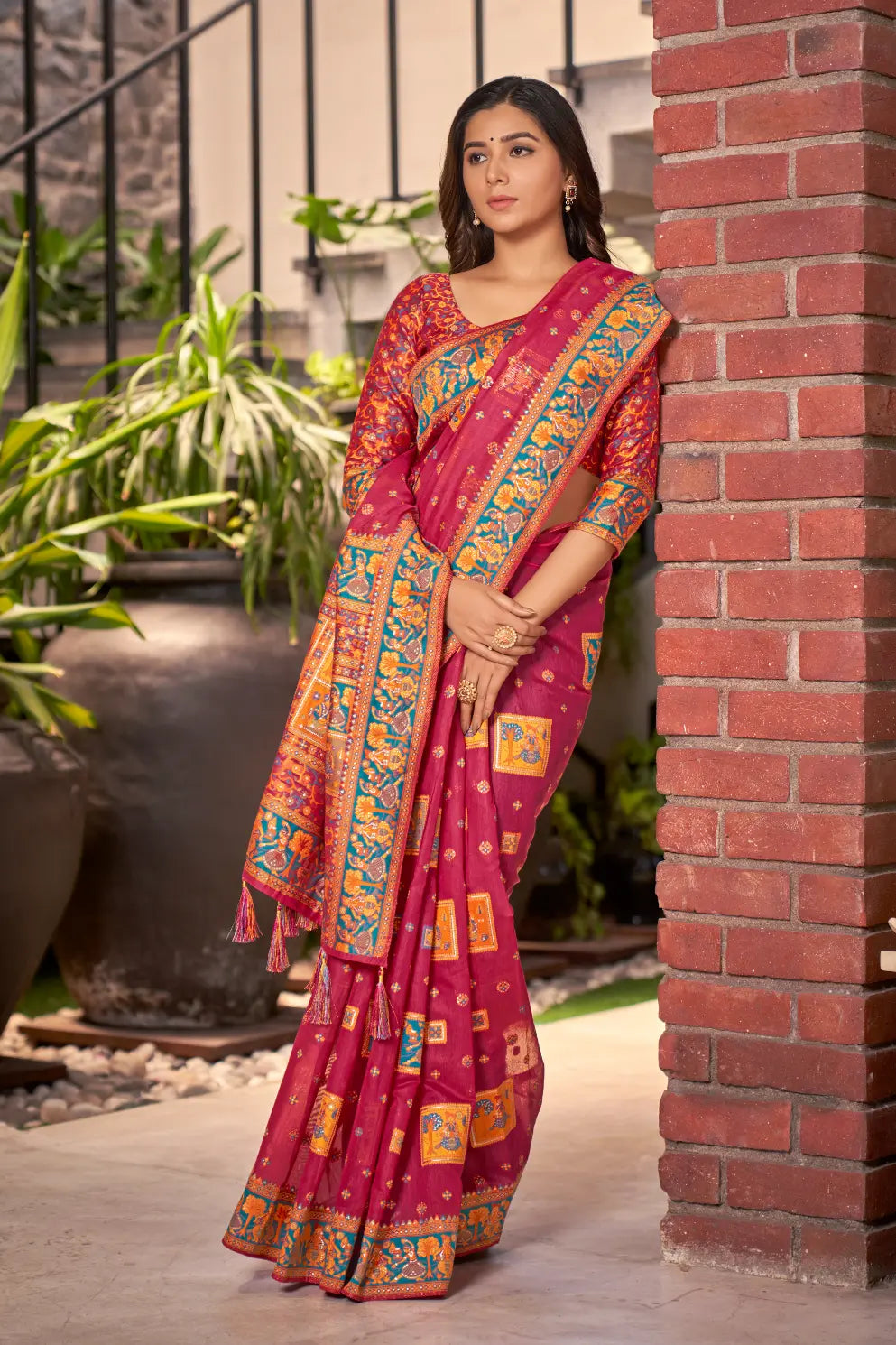 Bright Pink Cotton Festival Wear Ethnic Saree - Monjolika Fashion Bright Pink Cotton Festival Wear Ethnic Saree - Monjolika Fashion