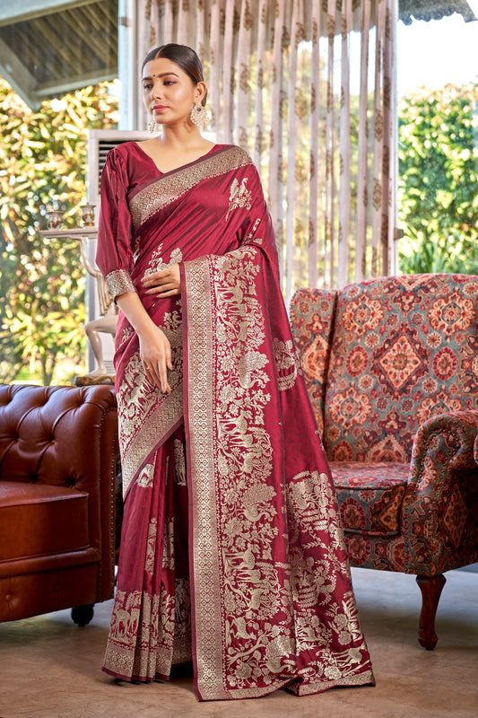Bright Pink Banarasi Silk Woven Saree With Blouse