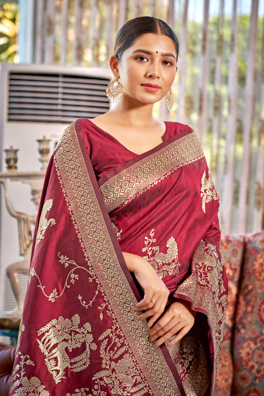 Bright Pink Banarasi Silk Woven Saree With Blouse