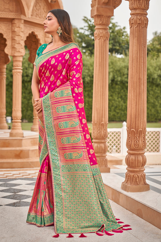 Rani Pink Banarasi Silk blend Zari Weaving Work Saree