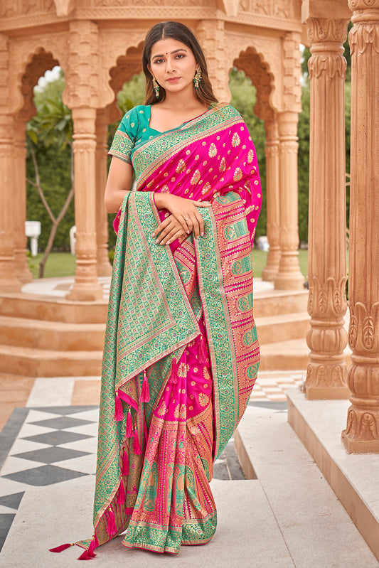 Rani Pink Banarasi Silk blend Zari Weaving Work Saree