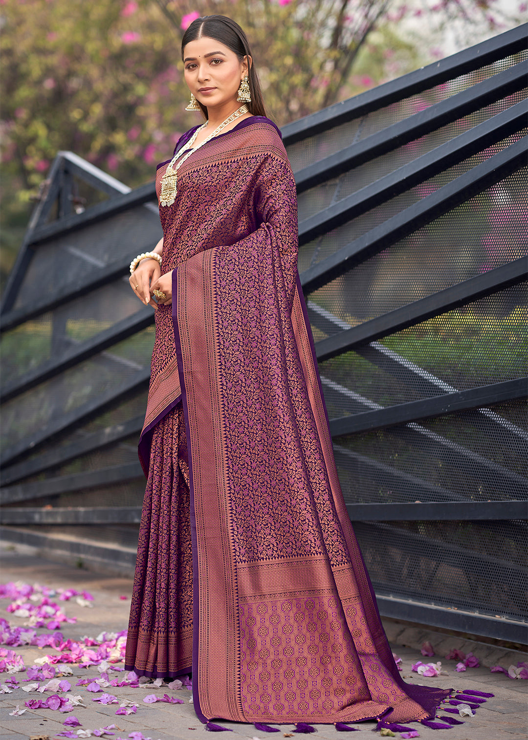Dark Purple Soft Banarasi Copper Zari Work Classic Saree - Monjolika Fashion Dark Purple Soft Banarasi Copper Zari Work Classic Saree - Monjolika Fashion