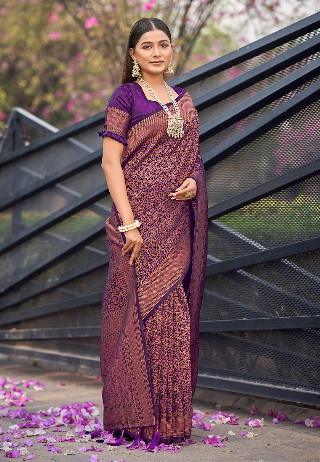 Dark Purple Soft Banarasi Copper Zari Work Classic Saree - Monjolika Fashion Dark Purple Soft Banarasi Copper Zari Work Classic Saree - Monjolika Fashion