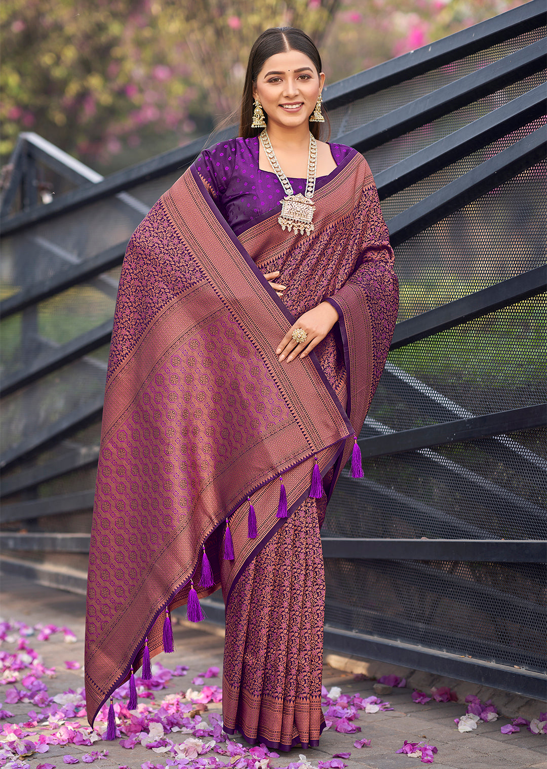 Dark Purple Soft Banarasi Copper Zari Work Classic Saree - Monjolika Fashion Dark Purple Soft Banarasi Copper Zari Work Classic Saree - Monjolika Fashion