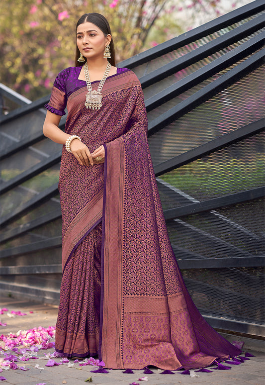 Dark Purple Soft Banarasi Copper Zari Work Classic Saree - Monjolika Fashion