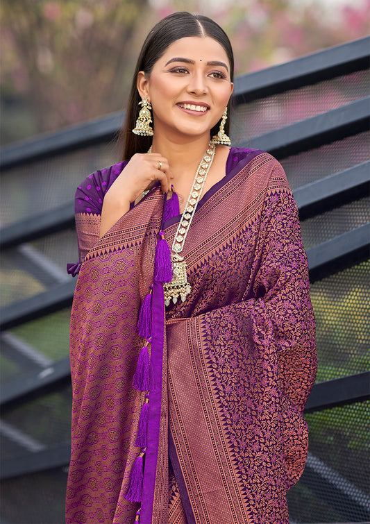 Dark Purple Soft Banarasi Copper Zari Work Classic Saree - Monjolika Fashion