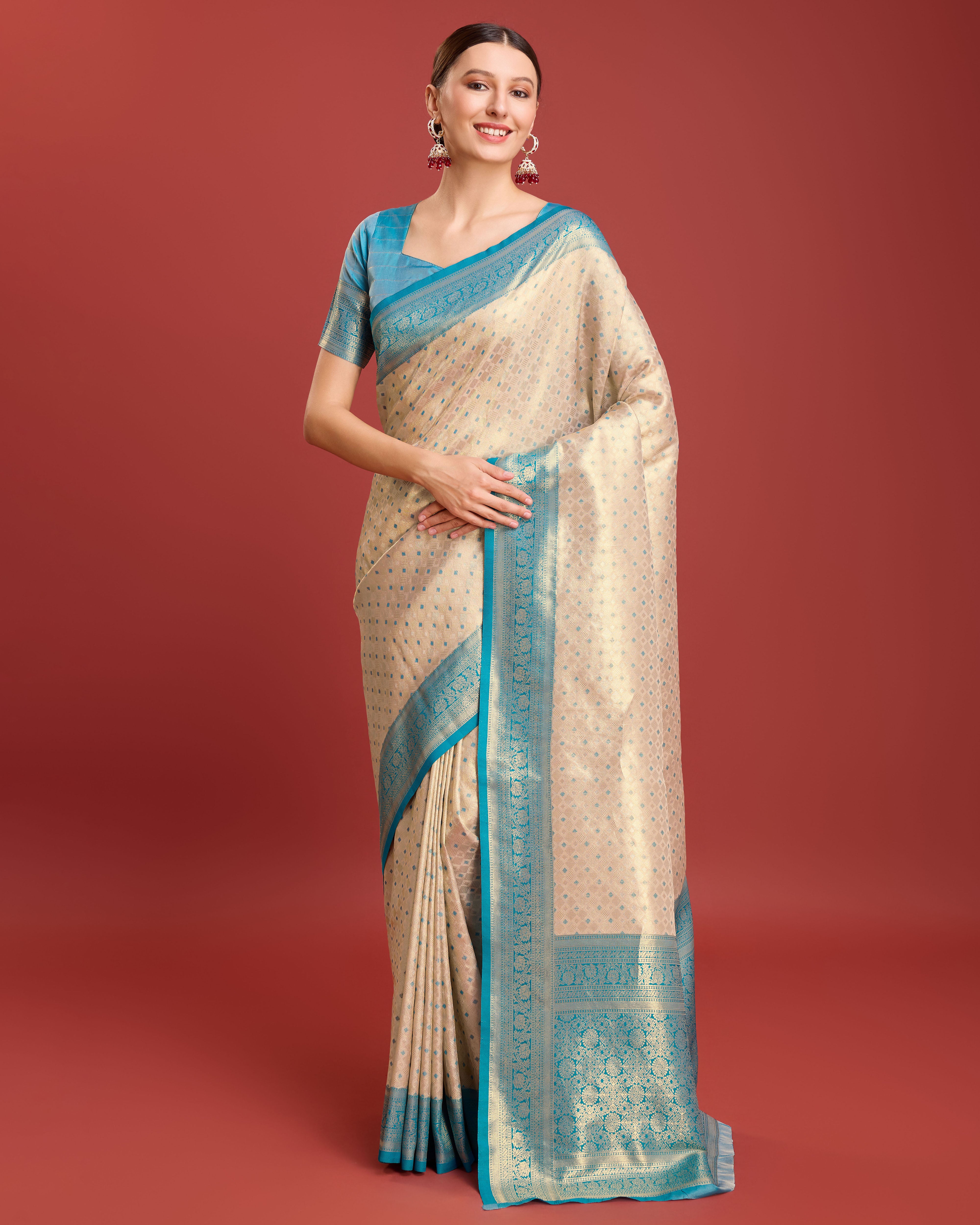 Off White Kanjivaram Silk Zari Woven Festive Wear Saree - Monjolika Fashion Off White Kanjivaram Silk Zari Woven Festive Wear Saree - Monjolika Fashion
