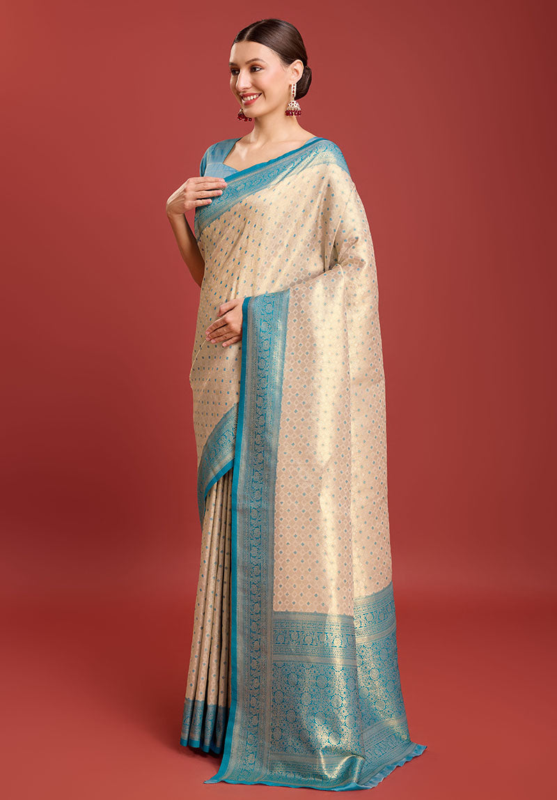 Off White Kanjivaram Silk Zari Woven Festive Wear Saree - Monjolika Fashion Off White Kanjivaram Silk Zari Woven Festive Wear Saree - Monjolika Fashion