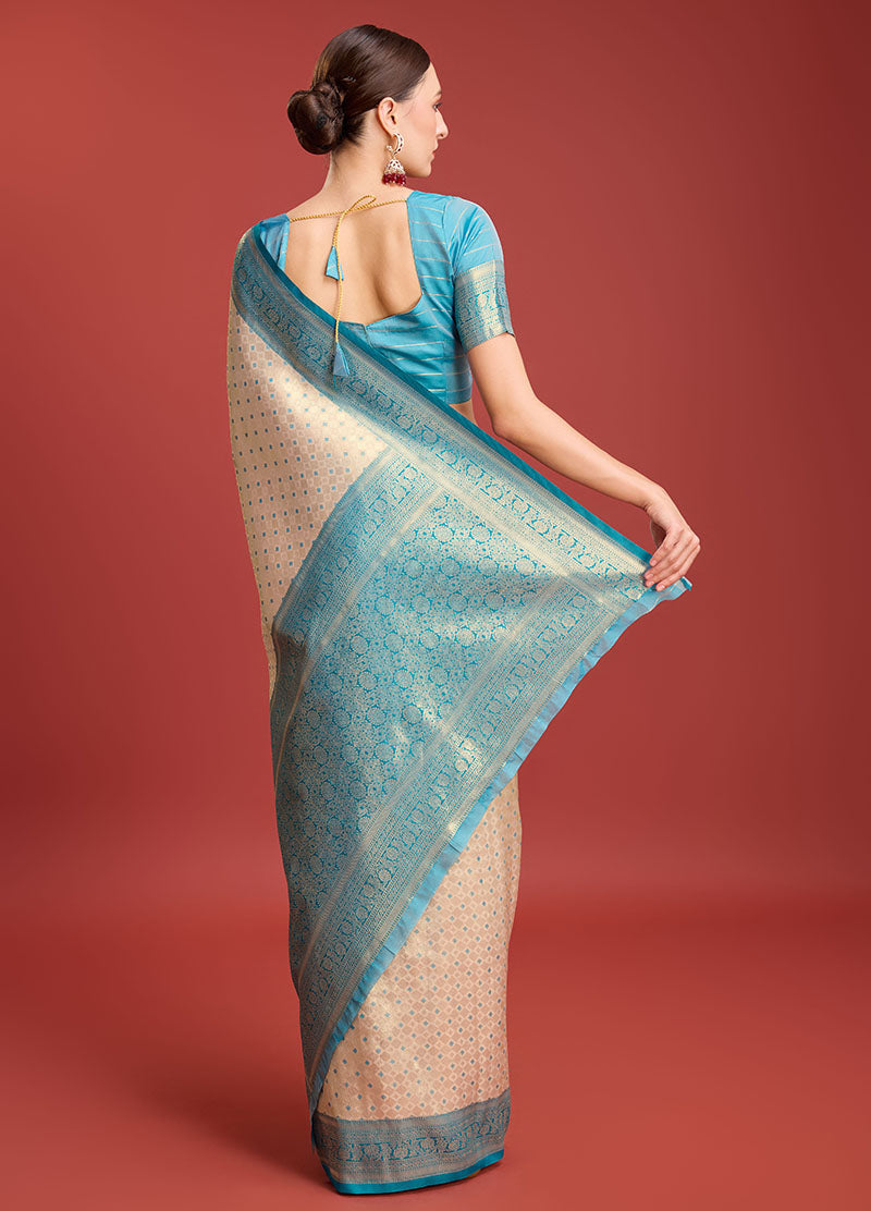 Off White Kanjivaram Silk Zari Woven Festive Wear Saree - Monjolika Fashion Off White Kanjivaram Silk Zari Woven Festive Wear Saree - Monjolika Fashion
