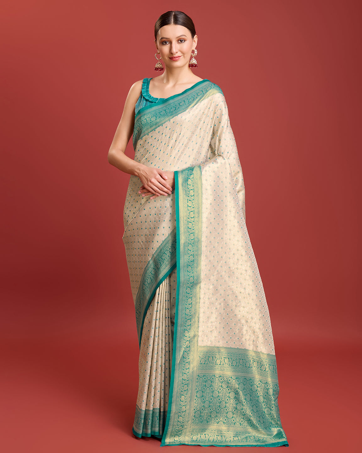 Off White Kanjivaram Silk Zari Woven Festive Wear Saree - Monjolika Fashion Off White Kanjivaram Silk Zari Woven Festive Wear Saree - Monjolika Fashion