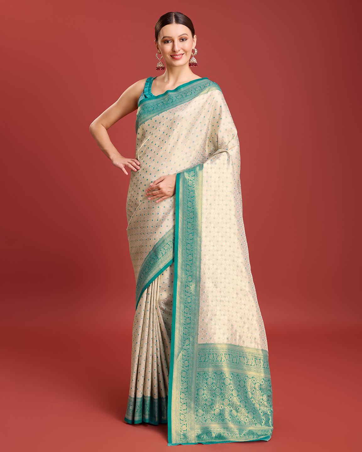 Off White Kanjivaram Silk Zari Woven Festive Wear Saree - Monjolika Fashion Off White Kanjivaram Silk Zari Woven Festive Wear Saree - Monjolika Fashion