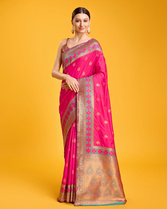 Rani Pink Banarasi silk Brocade Woven Saree - Monjolika Fashion