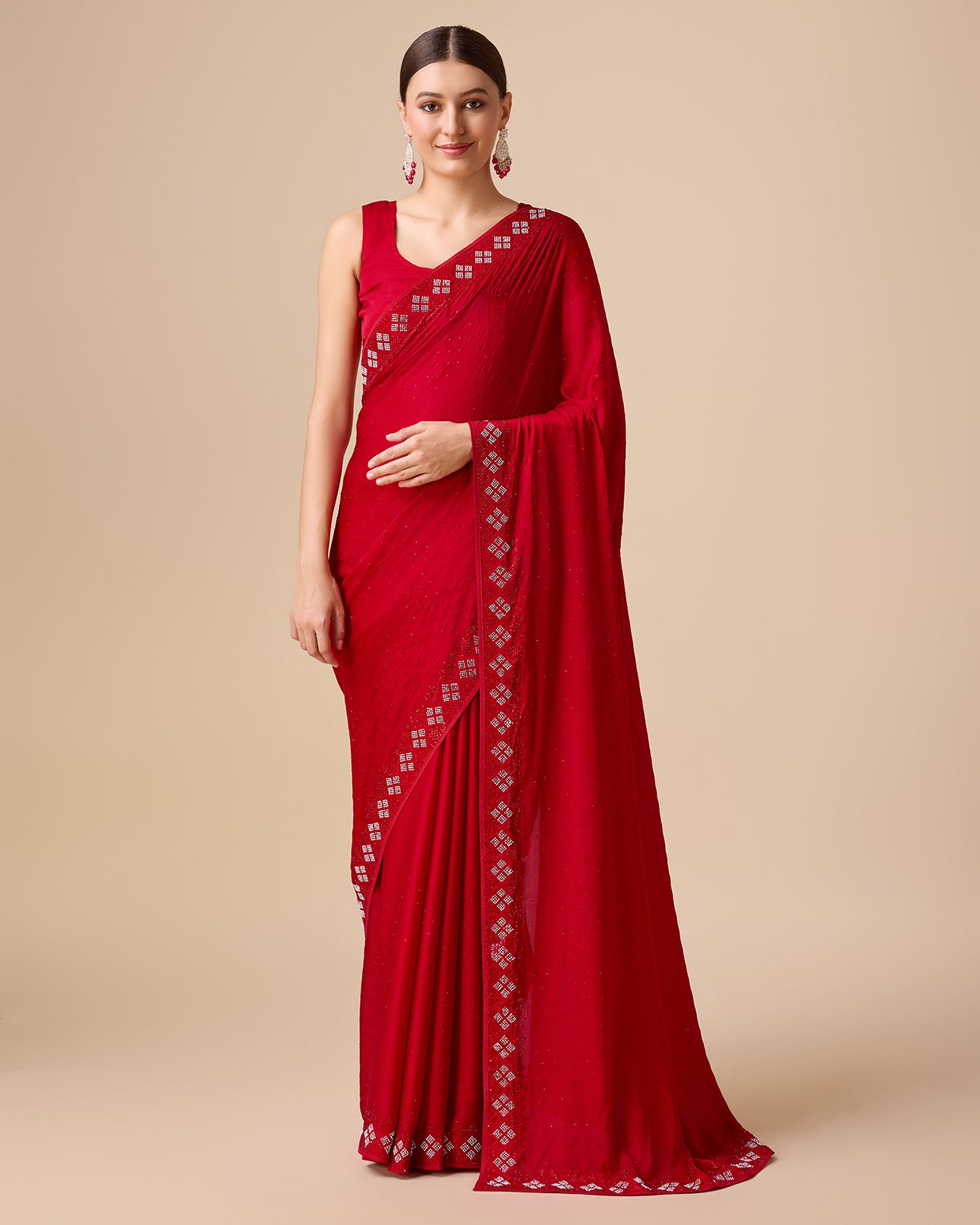 Red Satin Swarovski Work Gorgeous Saree - Monjolika Fashion Red Satin Swarovski Work Gorgeous Saree - Monjolika Fashion