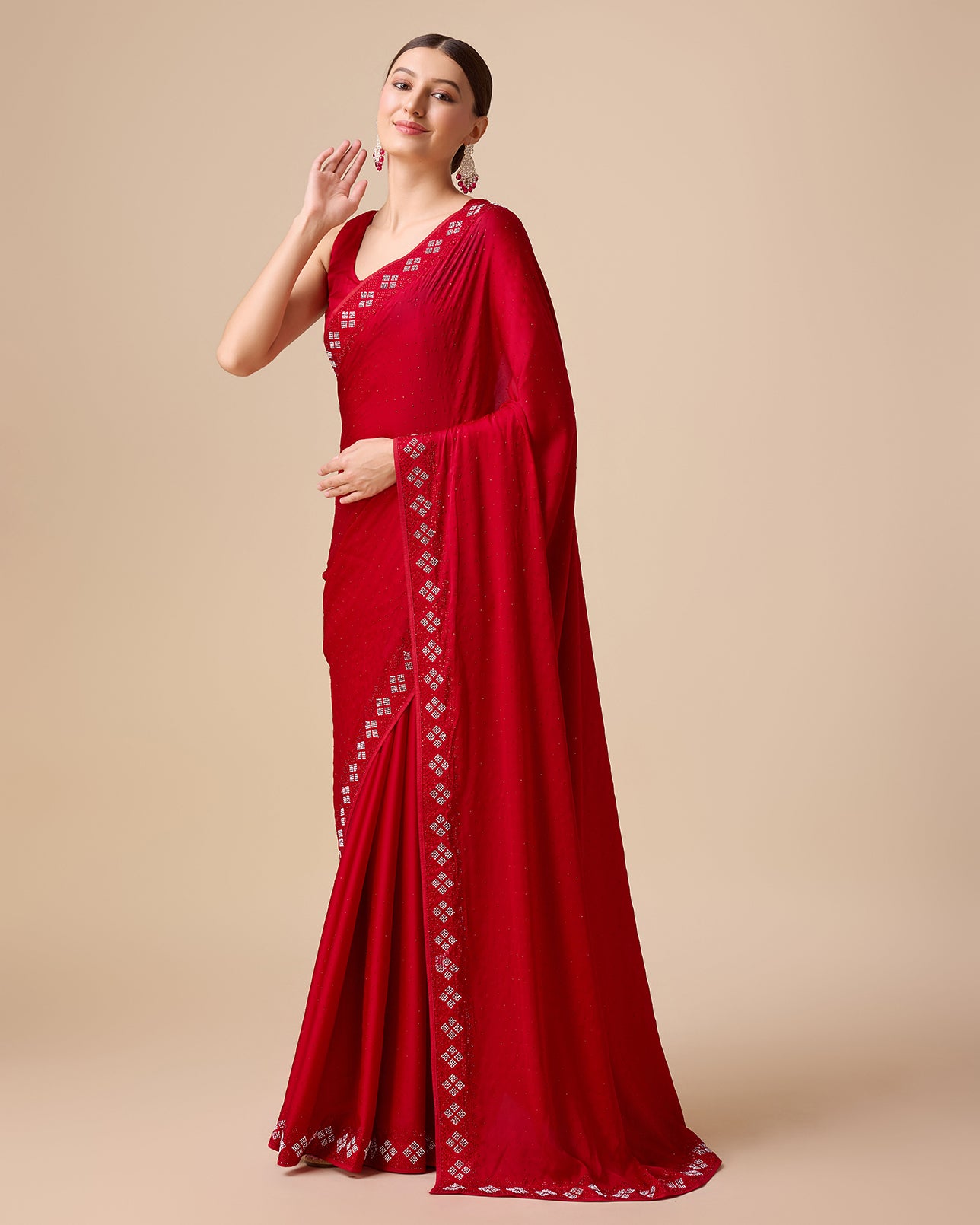Red Satin Swarovski Work Gorgeous Saree - Monjolika Fashion Red Satin Swarovski Work Gorgeous Saree - Monjolika Fashion