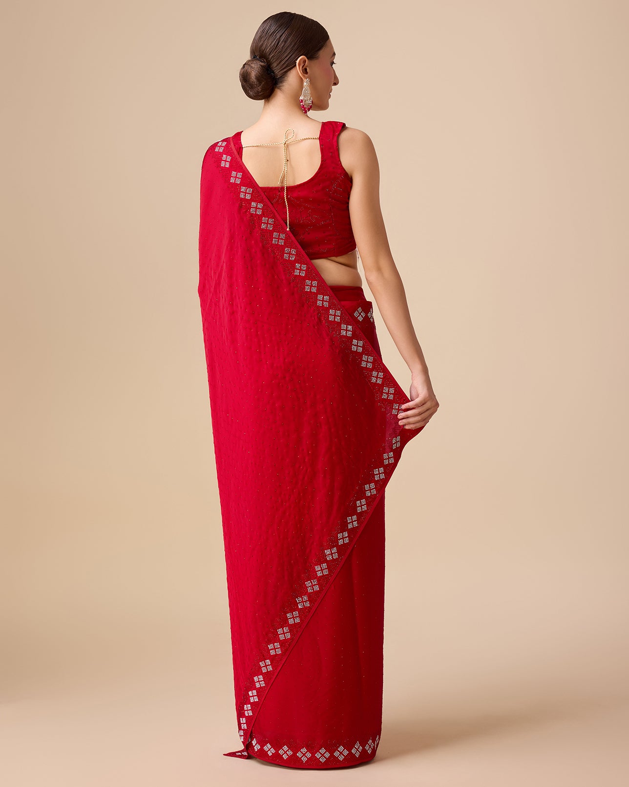 Red Satin Swarovski Work Gorgeous Saree - Monjolika Fashion Red Satin Swarovski Work Gorgeous Saree - Monjolika Fashion