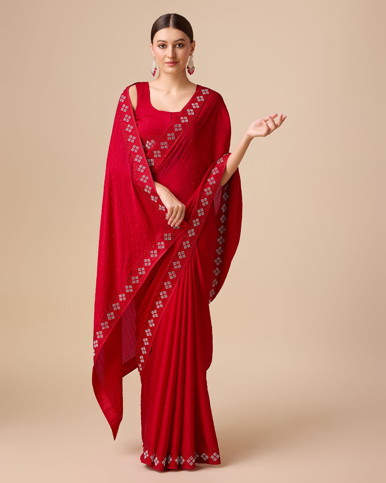 Red Satin Swarovski Work Gorgeous Saree - Monjolika Fashion Red Satin Swarovski Work Gorgeous Saree - Monjolika Fashion