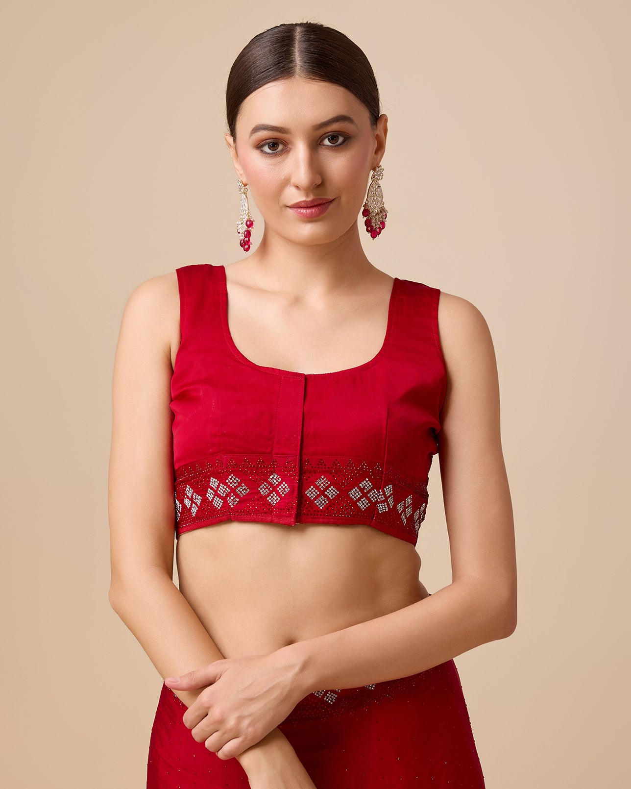 Red Satin Swarovski Work Gorgeous Saree - Monjolika Fashion Red Satin Swarovski Work Gorgeous Saree - Monjolika Fashion