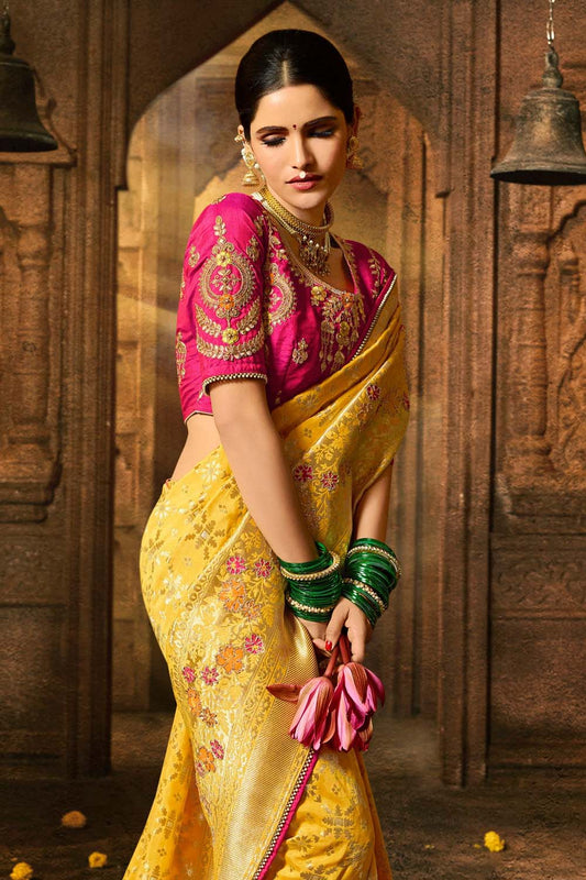 Yellow Banarasi Silk Zari Woven Wedding Saree