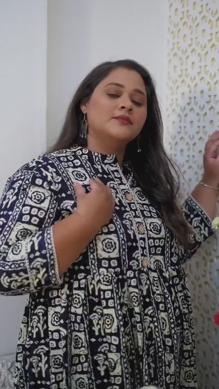 Navy Blue Rayon Plus Size Printed Long Kurti Navy Blue Rayon Plus Size Printed Long Kurti
