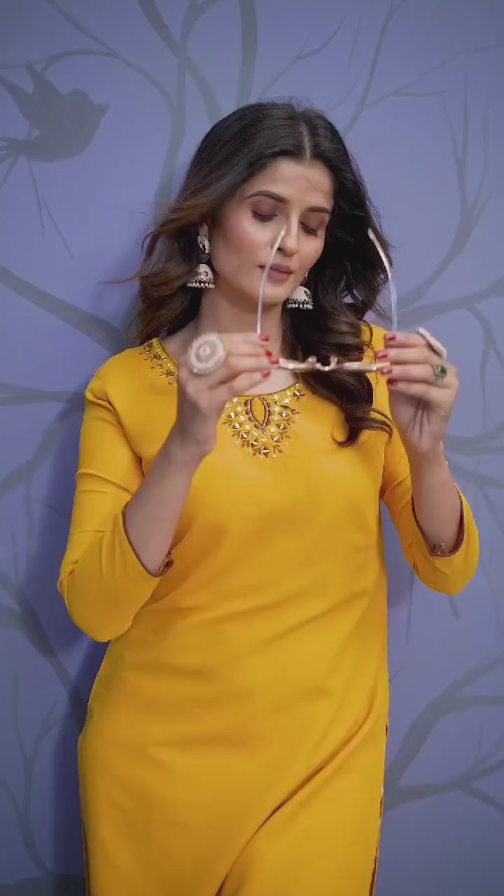 Mustard Maaza Cotton Handwork with Pocket Kurti Mustard Maaza Cotton Handwork with Pocket Kurti
