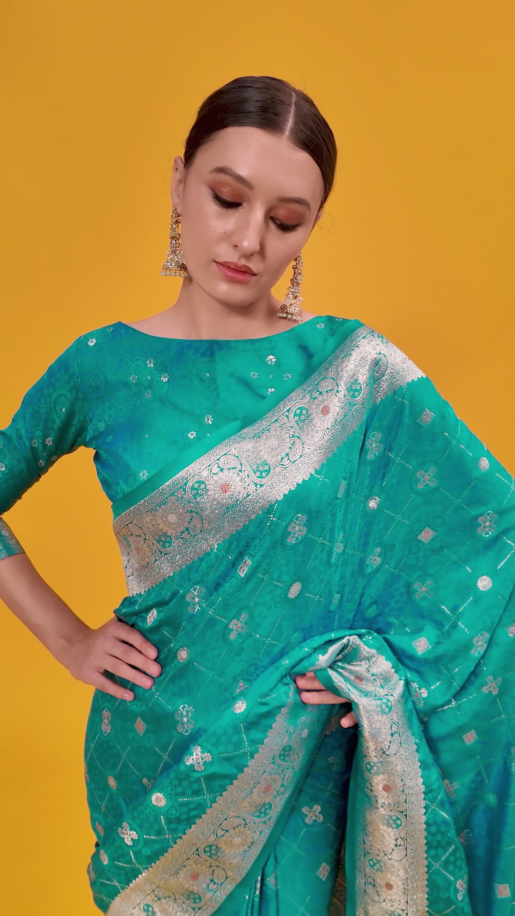 Turquoise Banarasi Satin Silk Stunning Saree Turquoise Banarasi Satin Silk Stunning Saree