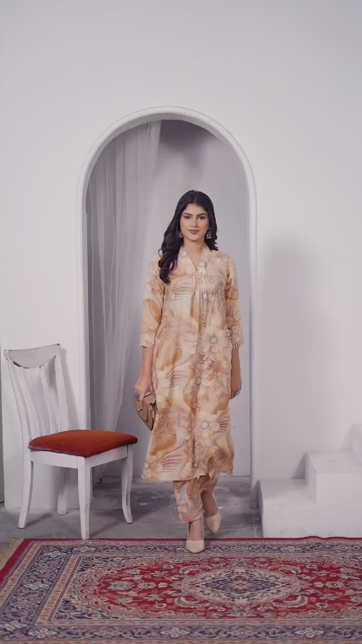 Beige Chanderi Floral Printed Designer Kurti With Pant Beige Chanderi Floral Printed Designer Kurti With Pant