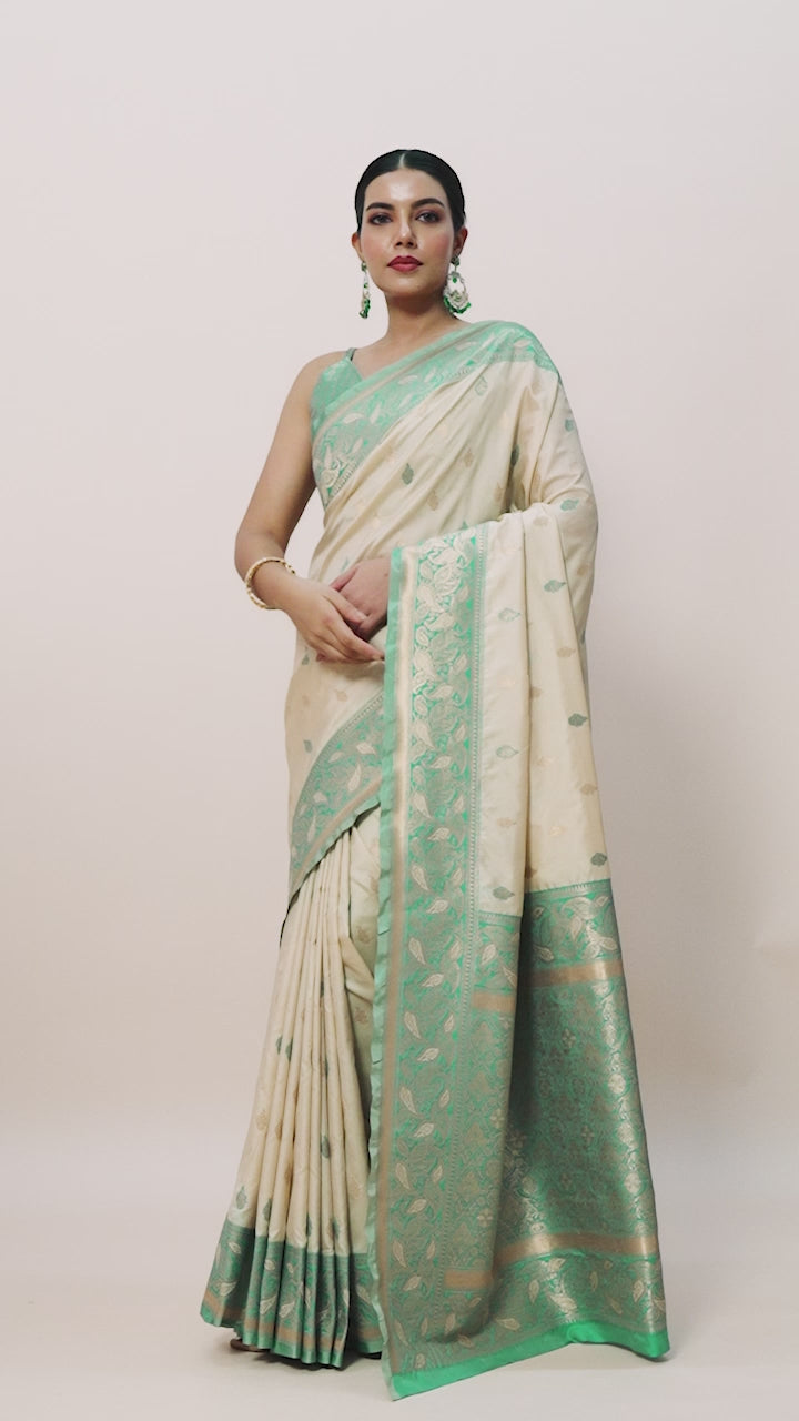 Cream Banarasi Satin Silk Woven Traditional Saree Cream Banarasi Satin Silk Woven Traditional Saree