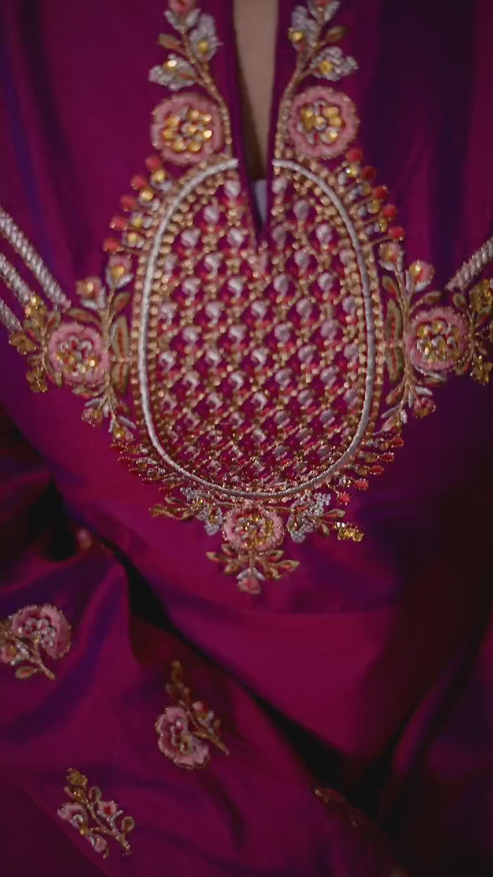 Magenta Triva Silk Embroidered Wedding Wear Gown Magenta Triva Silk Embroidered Wedding Wear Gown
