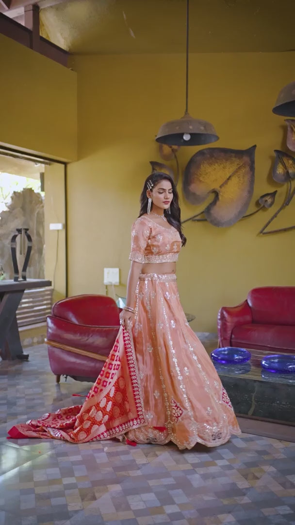 Peach Viscose Gotta Patti Work Engagement Lehenga Choli Peach Viscose Gotta Patti Work Engagement Lehenga Choli