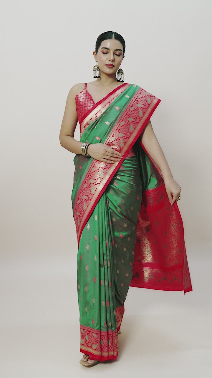 Green Banarasi Satin Silk Woven Trendy Saree Green Banarasi Satin Silk Woven Trendy Saree