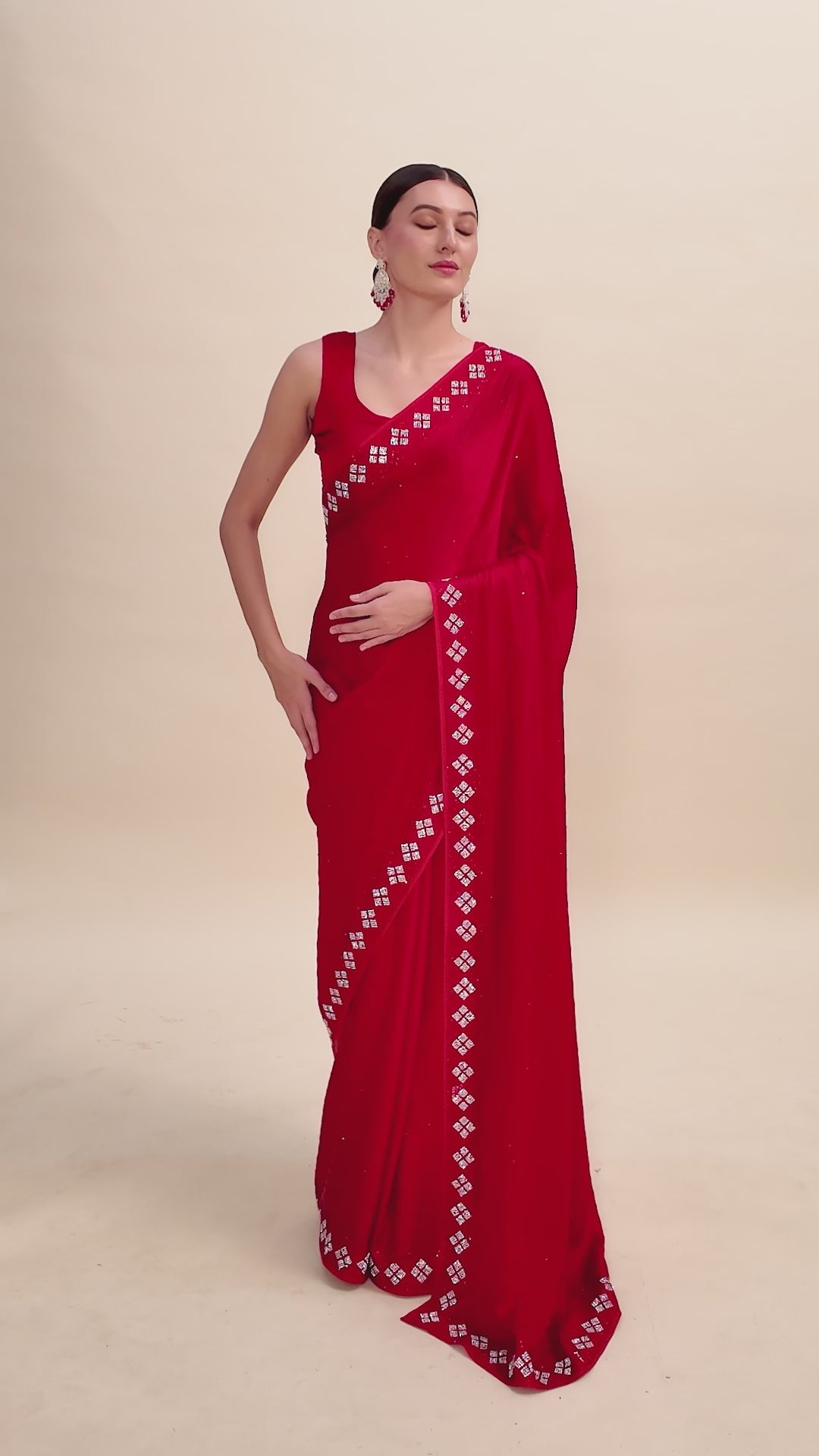 Red Satin Swarovski Work Gorgeous Saree Red Satin Swarovski Work Gorgeous Saree