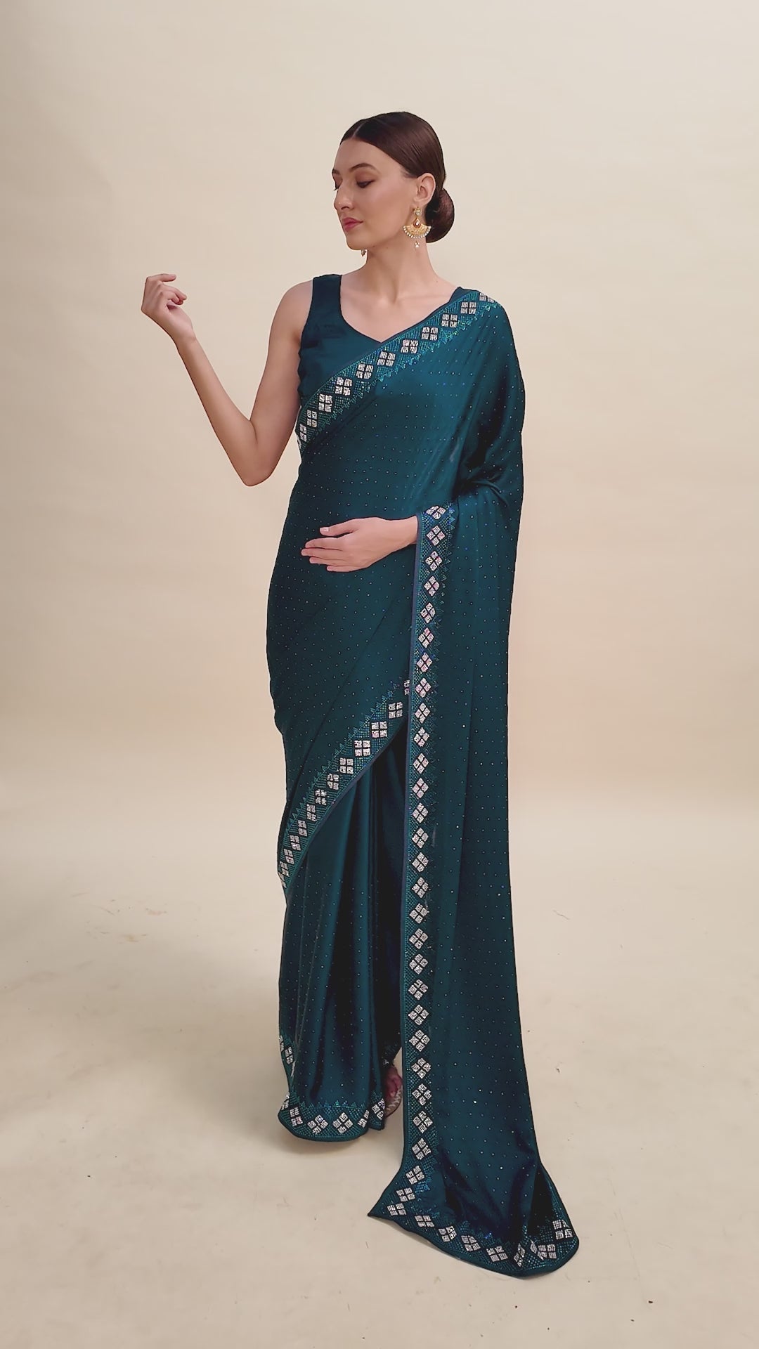 Dark Teal Satin Swarovski Work Gorgeous Saree Dark Teal Satin Swarovski Work Gorgeous Saree