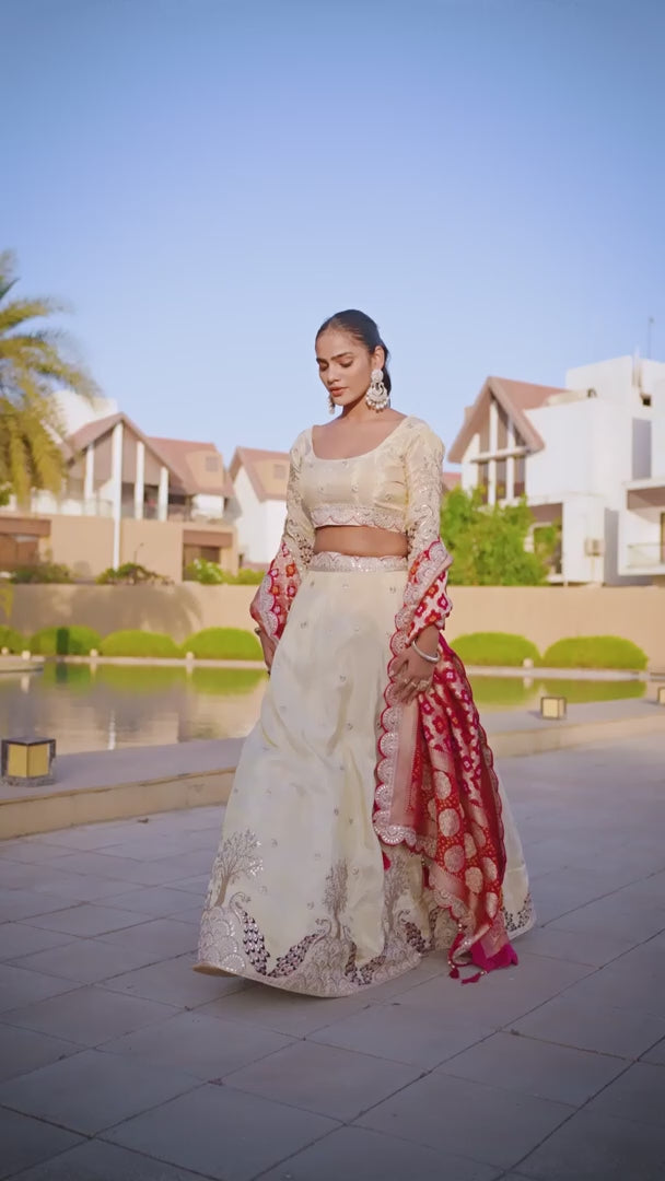Cream Viscose Embroidered Lehenga Choli With Bandhani Dupatta Cream Viscose Embroidered Lehenga Choli With Bandhani Dupatta