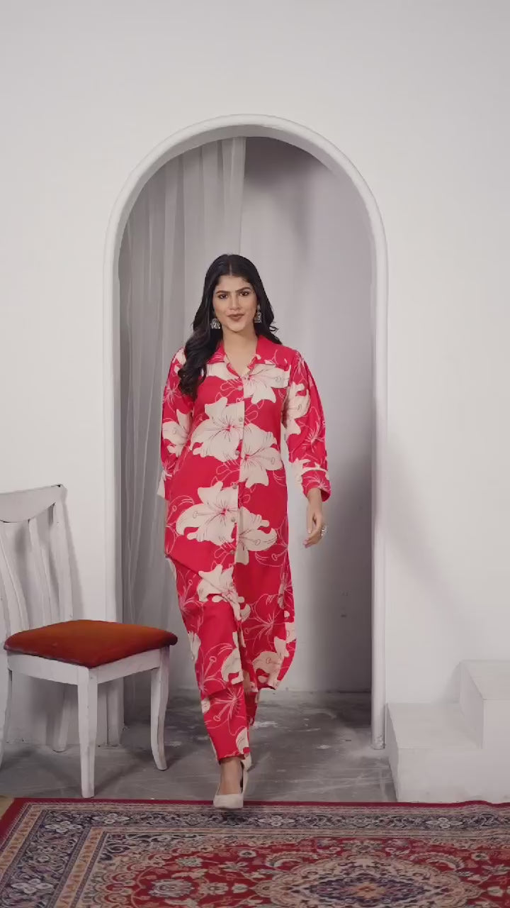 Red Rayon Floral Printed Designer Kurti With Pant Red Rayon Floral Printed Designer Kurti With Pant