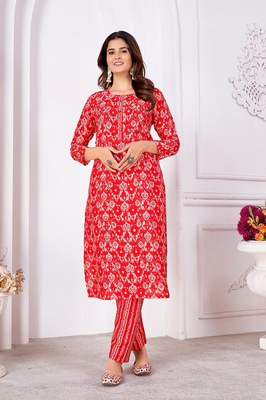 Silk Printed Red Designer Offical Wear Kurti With Bottom