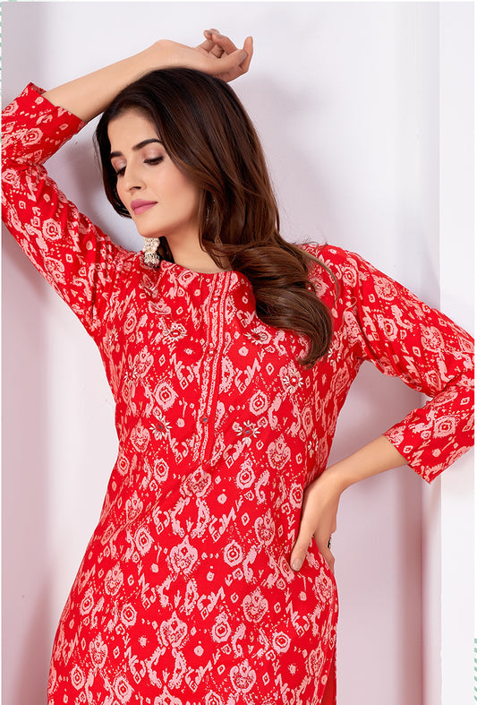 Silk Printed Red Designer Offical Wear Kurti With Bottom