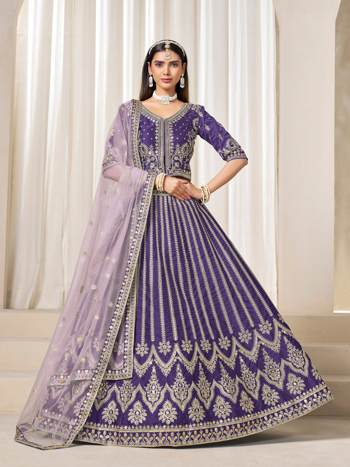 Embroidered Purple Art Silk Designer Long Lehenga Choli