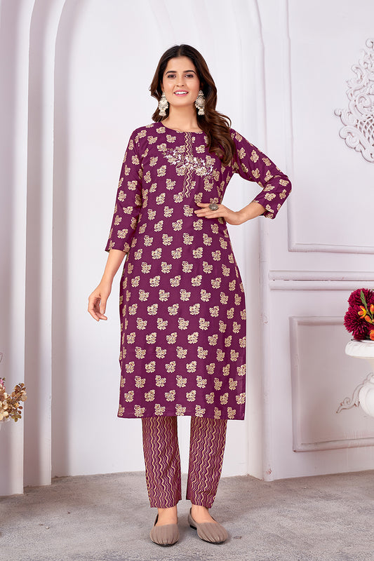 Silk Embroidered Purple Designer Offical Wear Kurti With Bottom