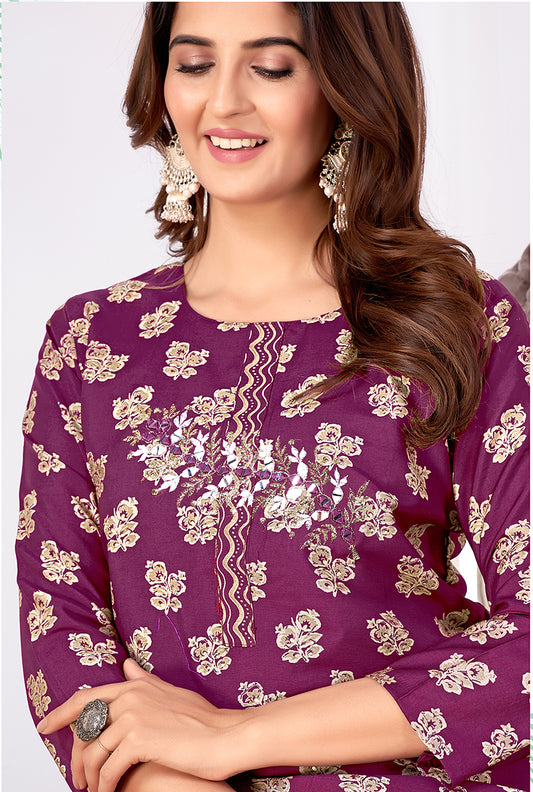 Silk Embroidered Purple Designer Offical Wear Kurti With Bottom