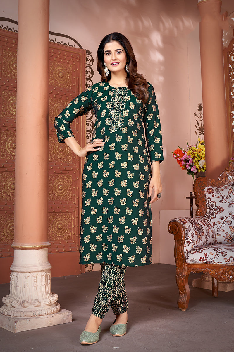 Silk Embroidered Dark Green Designer Kurti With Bottom