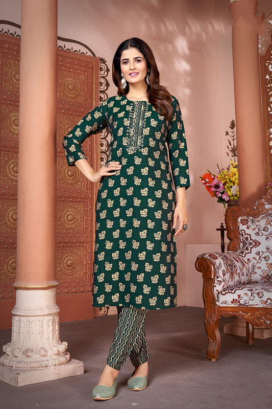 Silk Embroidered Dark Green Designer Kurti With Bottom