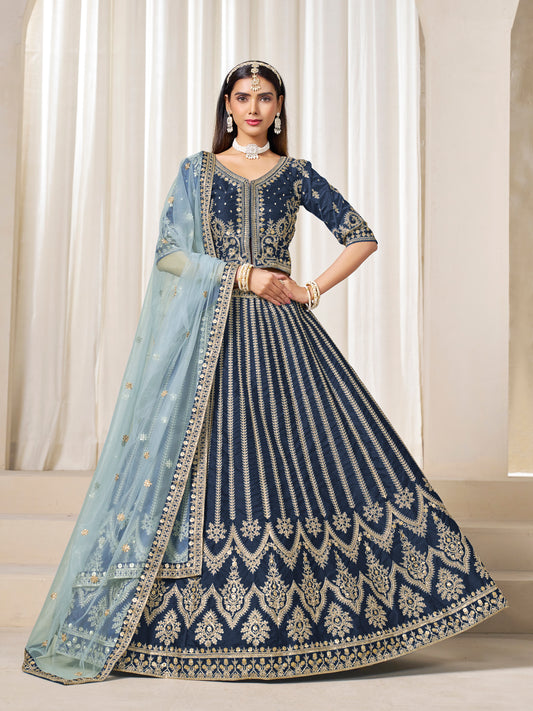 Embroidered Navy blue Art Silk Designer Long Lehenga Choli