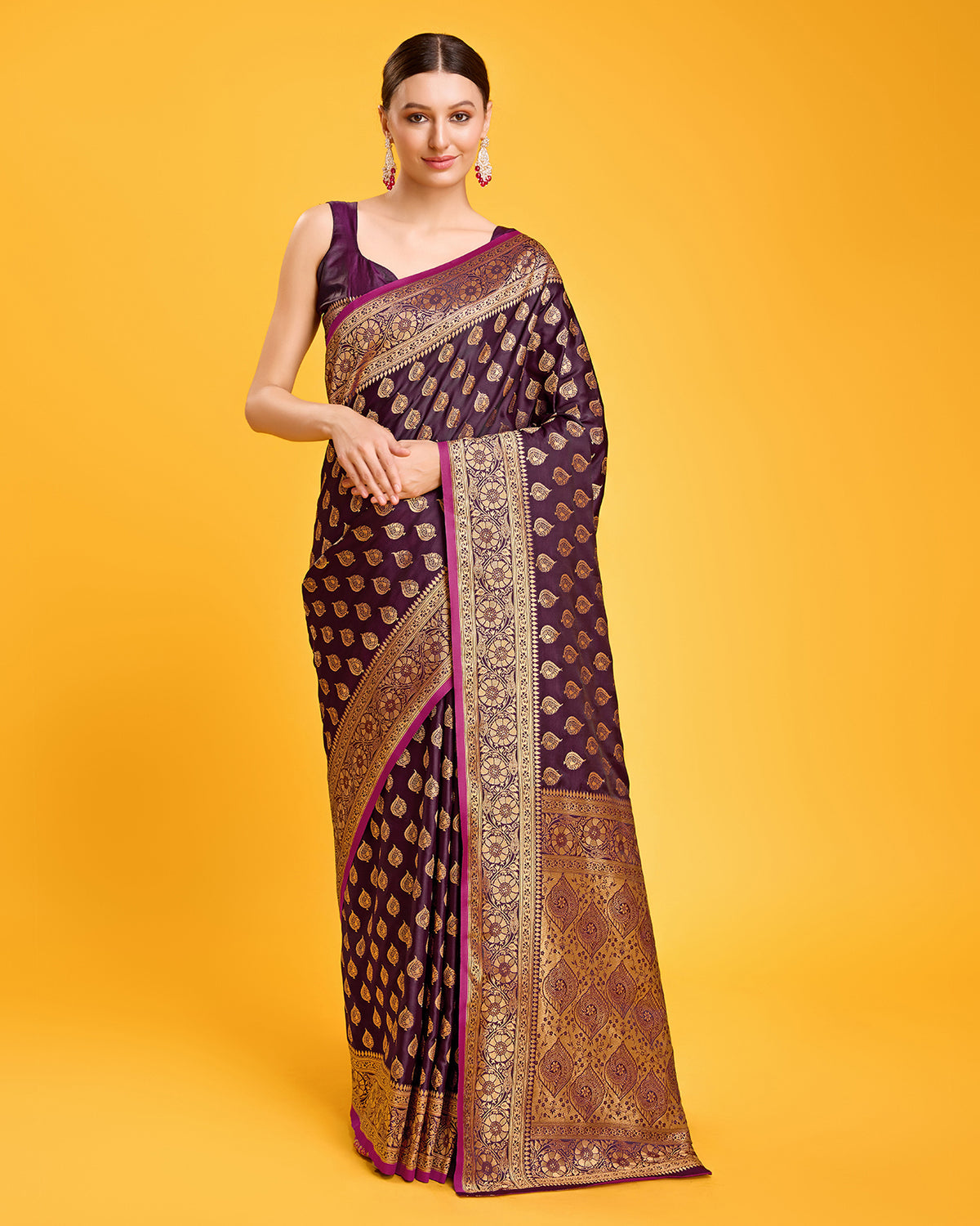Wine Banarasi Silk Zari Weaving Traditional saree