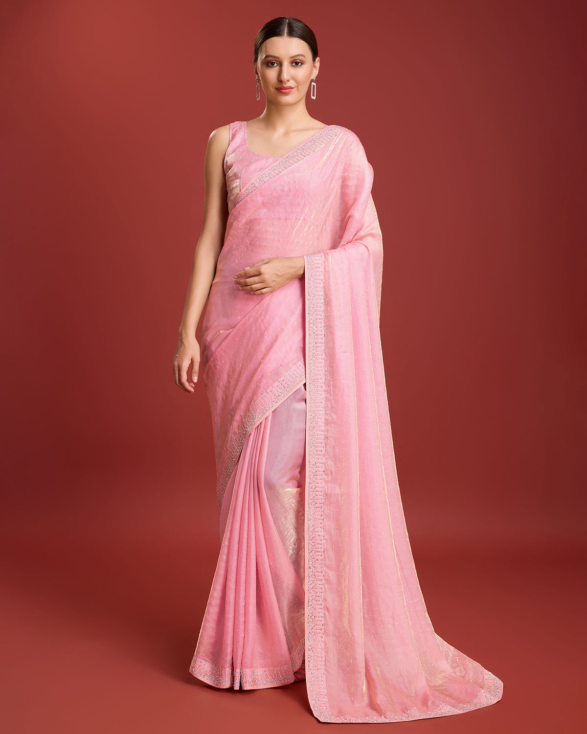 Peach colour organza silk swarovski partywear saree for women