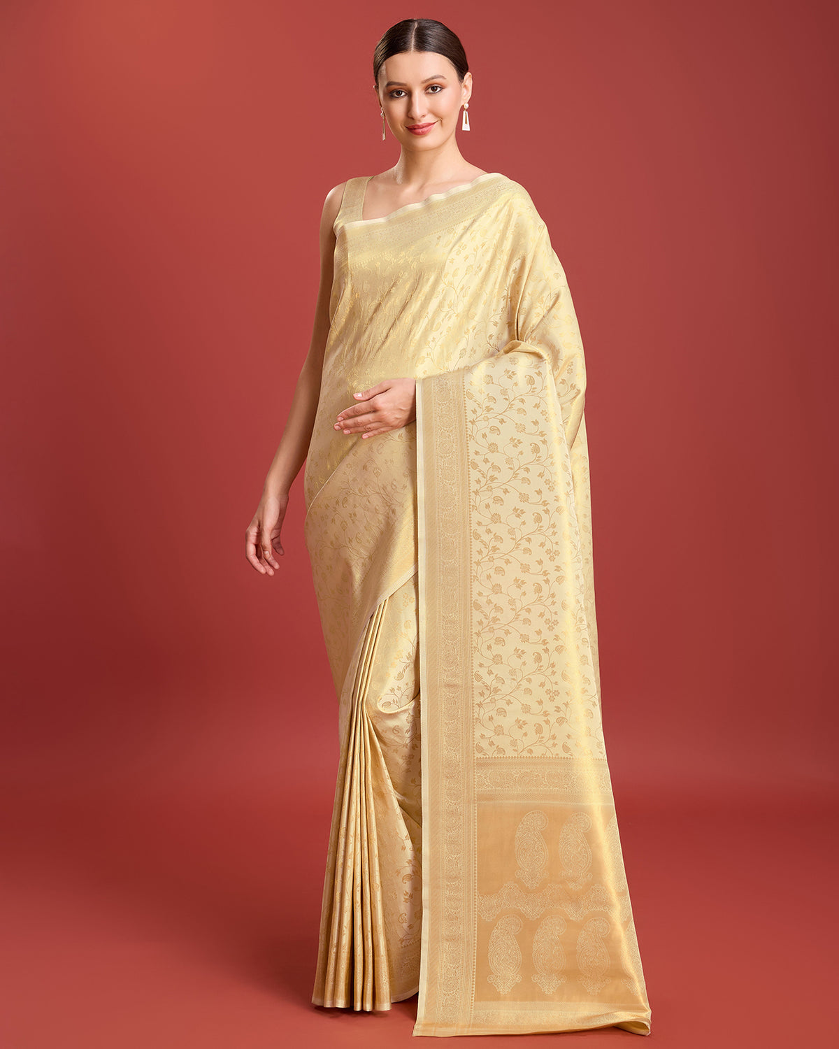 Beige Kanjivaram Silk Zari Woven Traditional Saree