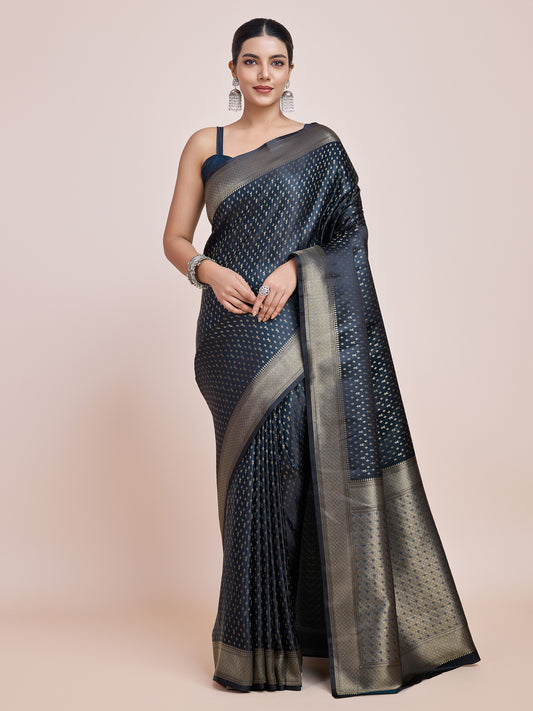 Dark Teal Banarasi Satin Silk Zari Woven Luxurious Saree