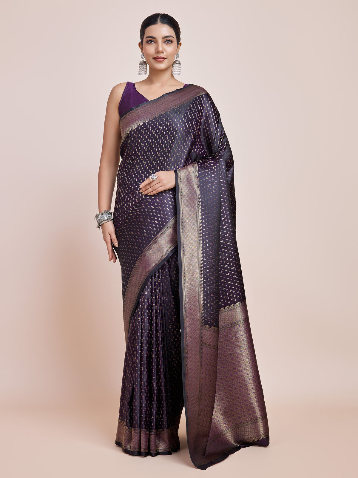 Wine Banarasi Satin Silk Zari Woven Luxurious Saree - Monjolika Fashion